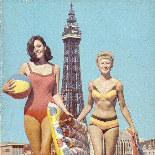Guide book cover with two women in swim wear on Blackpool beach