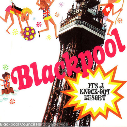 Guide book cover with cartoon people playing around Blackpool Tower. Text reads 'The International Pleasure Centre, Its a Knock-out Resort.'