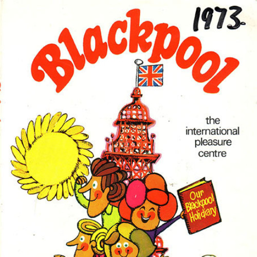 Guide book cover with cartoon family on top of Blackpool Tower. Text reads 'The International Pleasure Centre.'