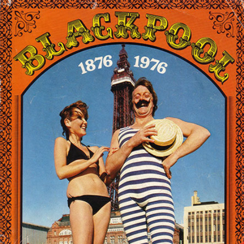 Guide book cover with photograph of a woman in bikini and a man in comical Victorian Swimsuit on Blackpool beach. Text reads '1876-1976, Resort of the Century.'