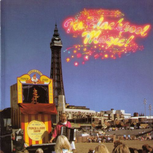 Guide book cover with photograph of children watching Punch and Judy show on Blackpool beach. Text reads 'For Blackpool Magic.'