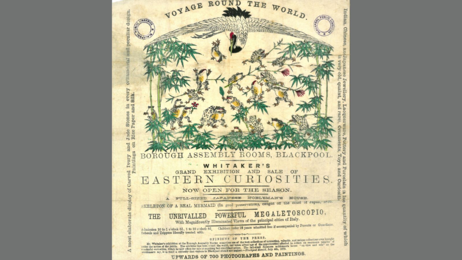 An illustrated poster depicting frogs fighting over bamboo and a Japanese crane.