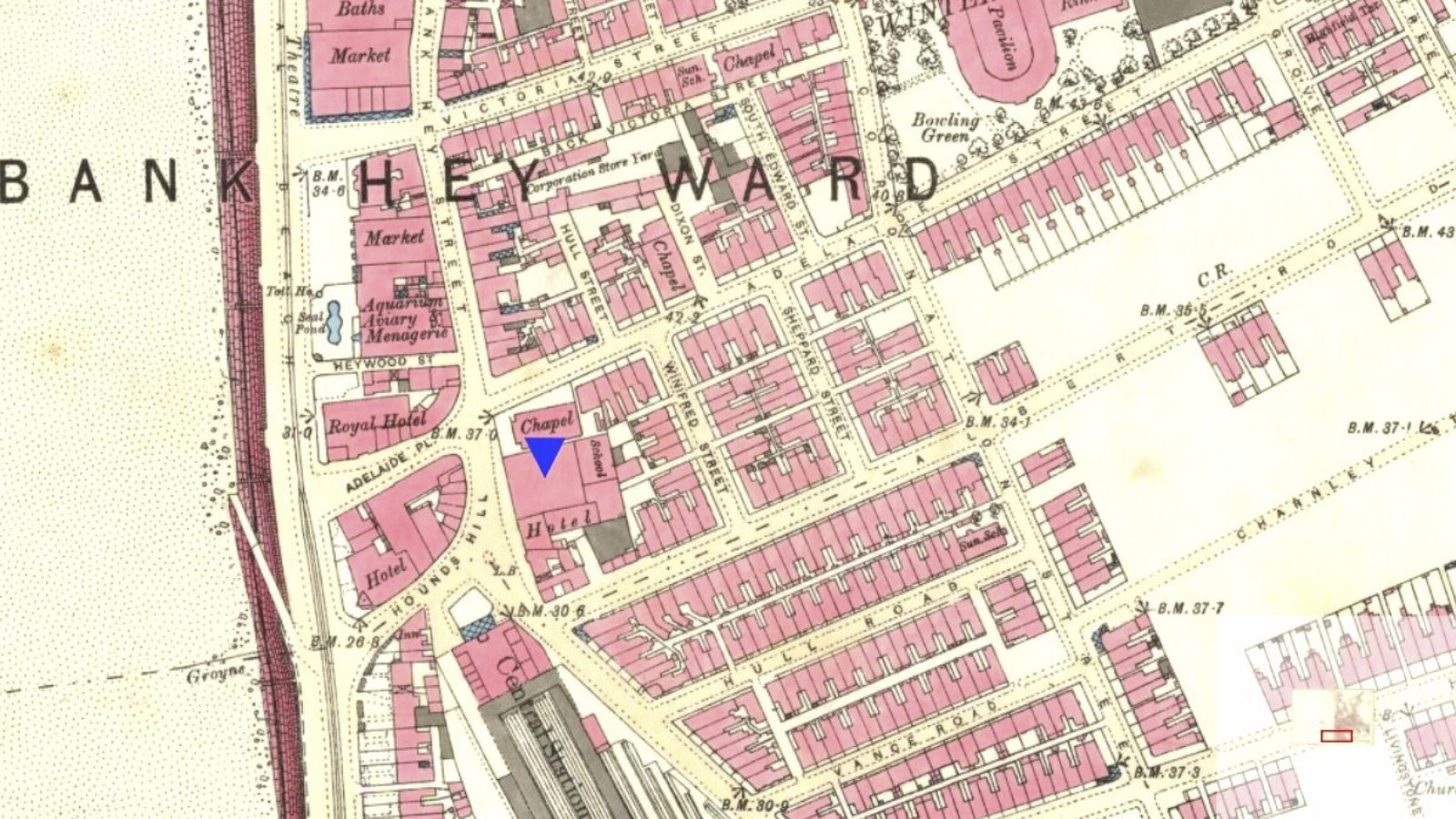 Map of Blackpool with location of Borough Theatre marked by a blue triangle.