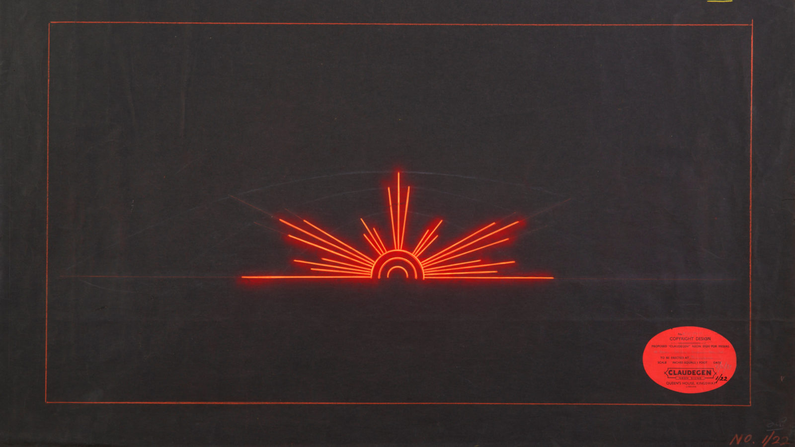 Concept design on black paper for a neon installations of a half sun burst in red