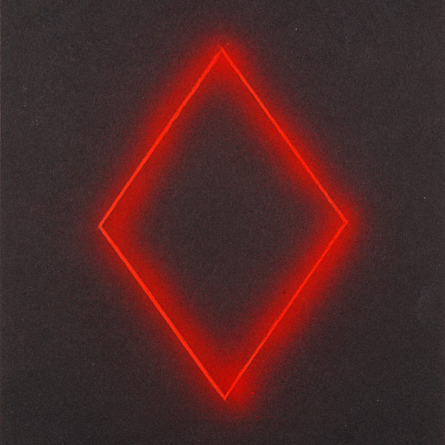 Concept design on black paper for a neon installations for playing card suit, a diamond in red