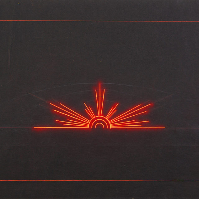 Concept design on black paper for a neon installations of a half sun burst in red