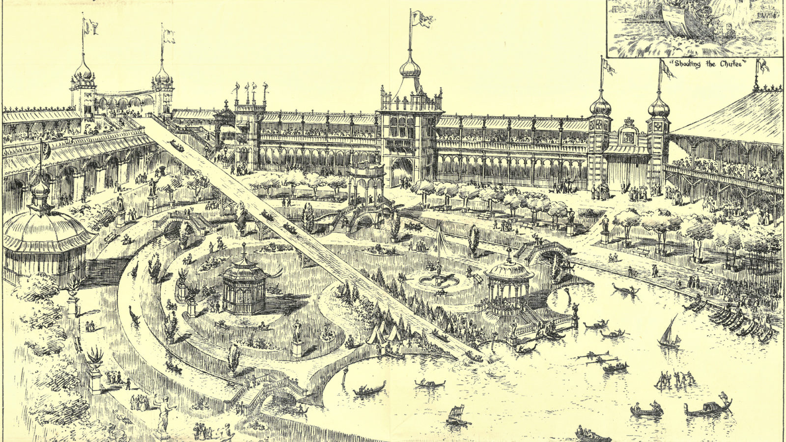Illustration of large slide with boats gliding down into ornamental lakesurrounded by pavilions and spectator seating