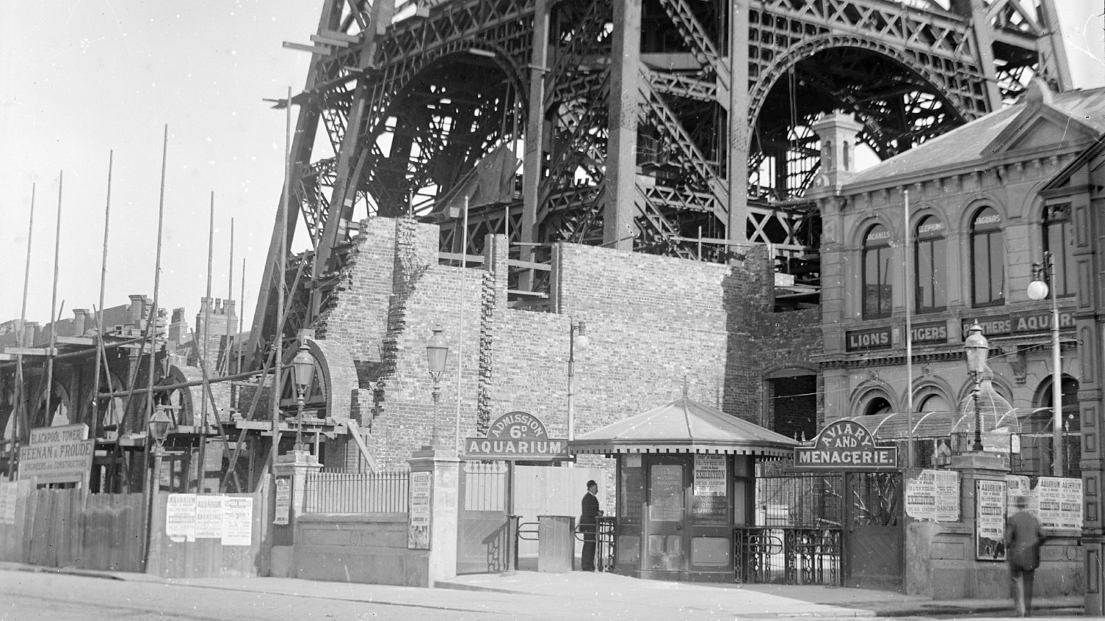 street view of an aquarium building with the foundations of Blackpool Tower next door.