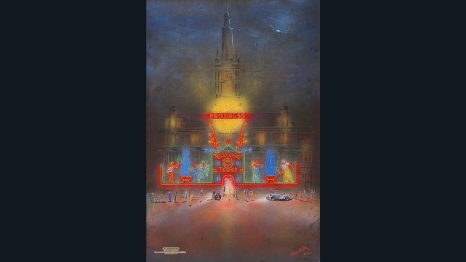 A drawing of a town hall covered in neon lights.