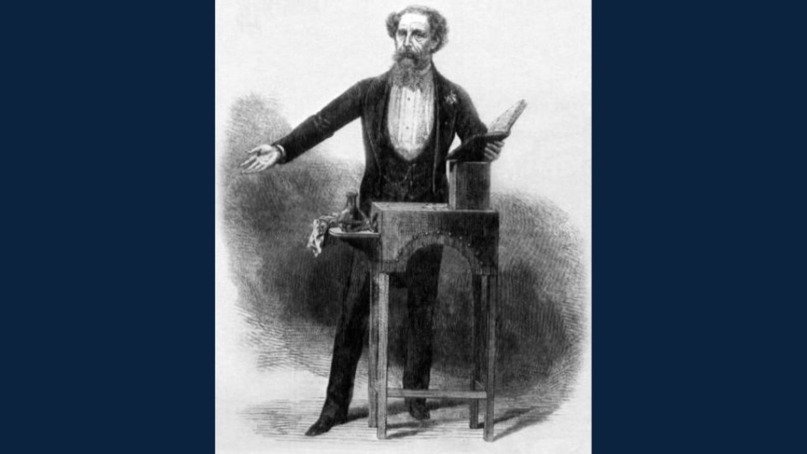 A man in a a dinner suit giving a reading from behind a podium