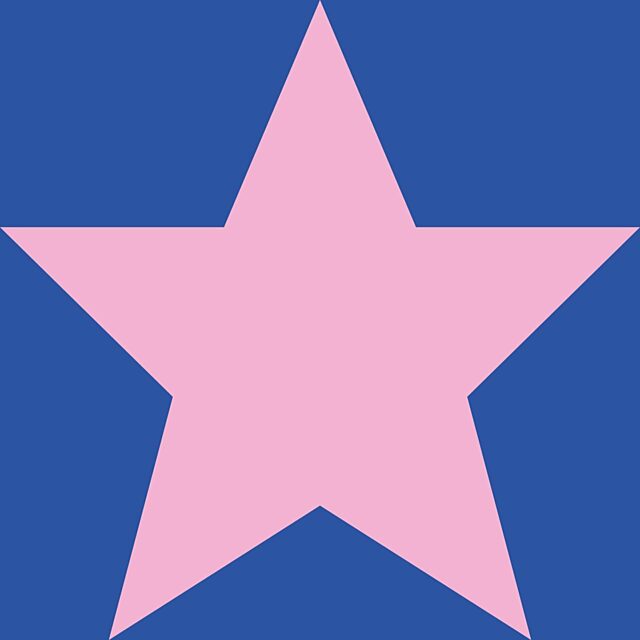 Showtown branding block, pink star on a blue background.