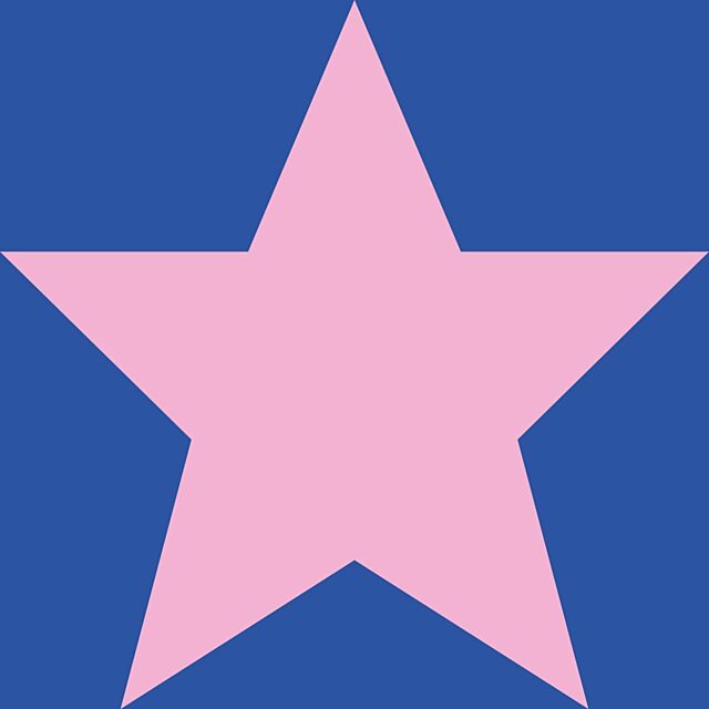 Showtown branding block, pink star on a blue background.