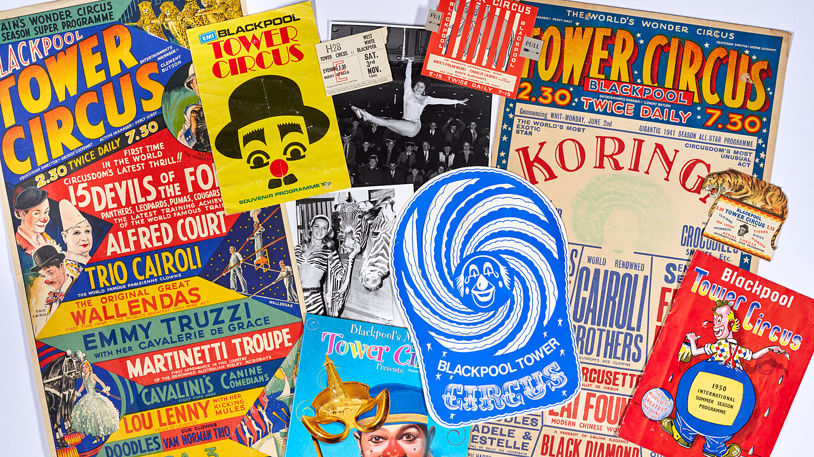 Photograph of a range of bright, colourful posters from Blackpool Tower Circus