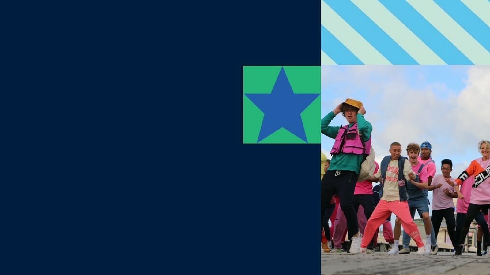 Blue star in green block next to an image of a group on dancers dressed in bright colours.