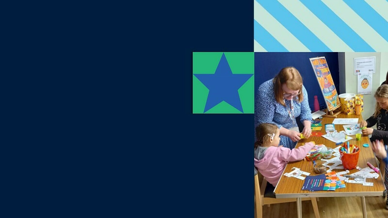 Blue star in green block next to an image of children sitting at a table doing circus craft.