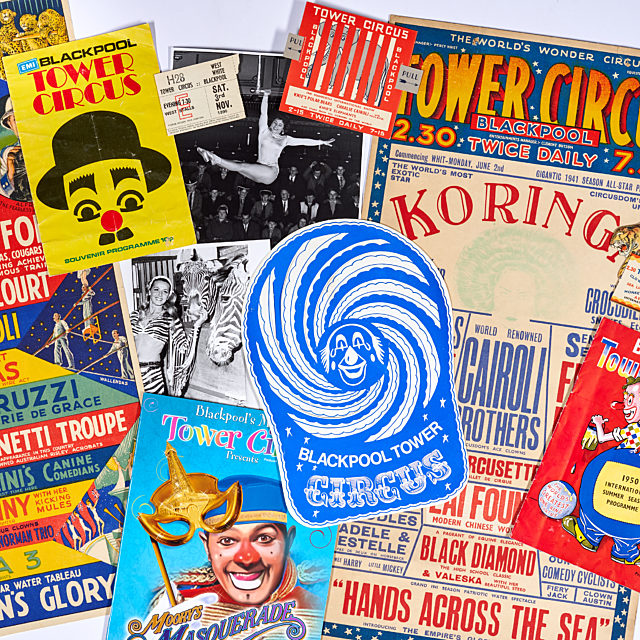 Photograph of a range of bright, colourful posters from Blackpool Tower Circus