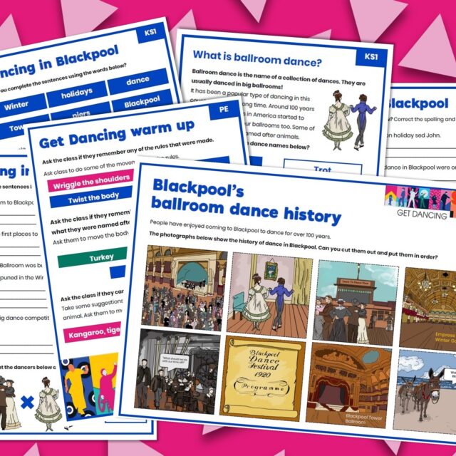 A selection of work sheets with illustrations about Blackpool's history of dance