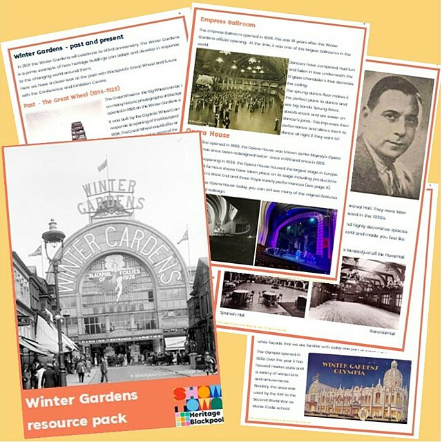 A selection of work sheets with illustrations and a B&W image of the Winter Gardens