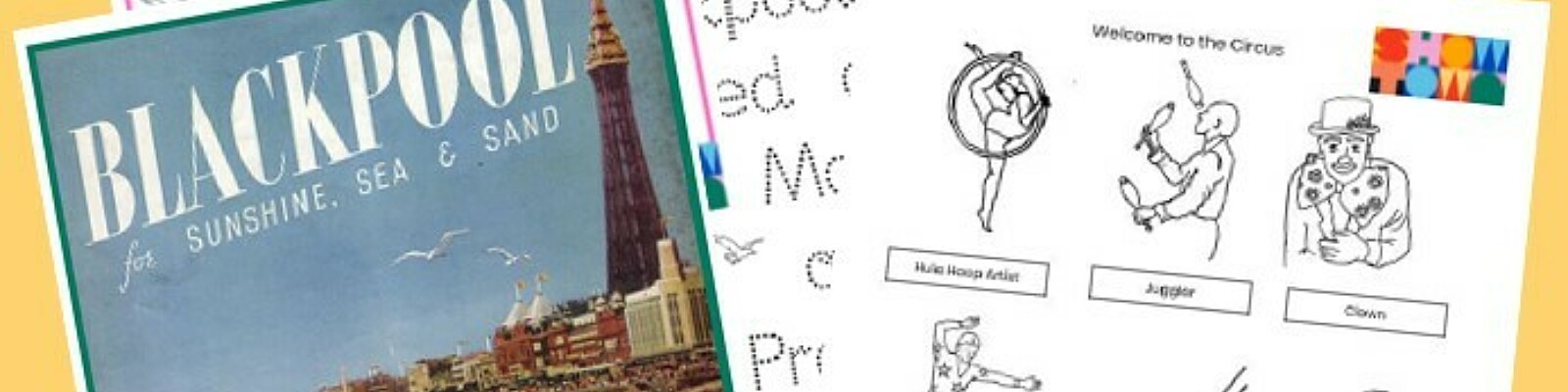 A selection of work sheets with illustrations about Blackpool