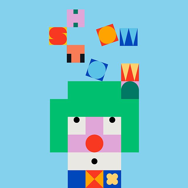 Illustration of a clown and word showtown made of colourful blocks
