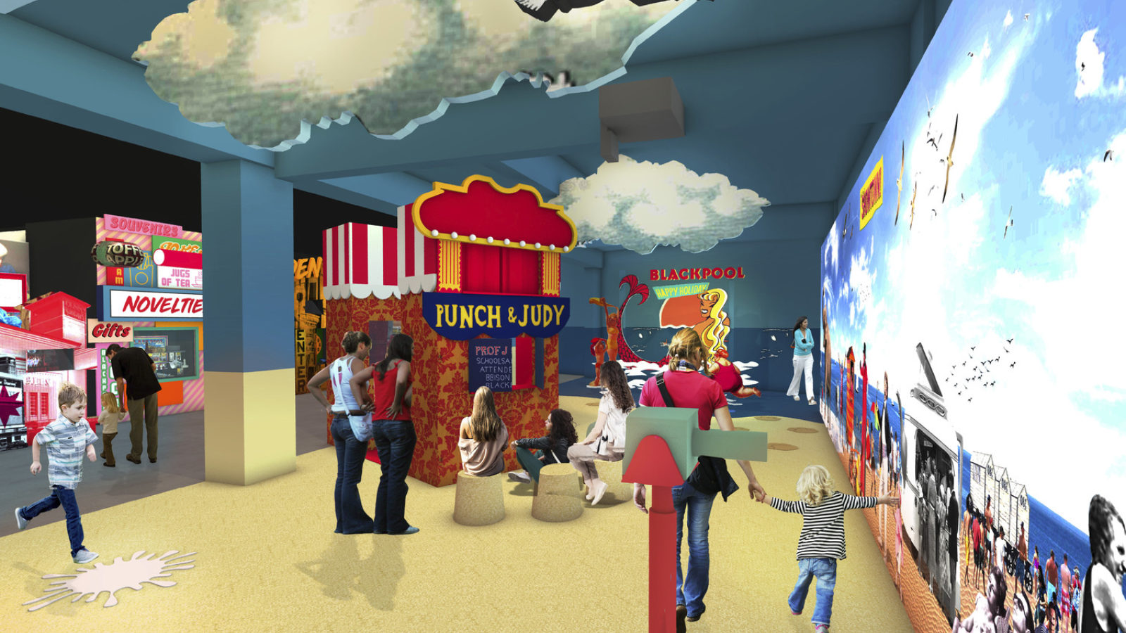 A visual of the Gallery, Beside the Seaside with a sandy floor and a Punch and Judy booth
