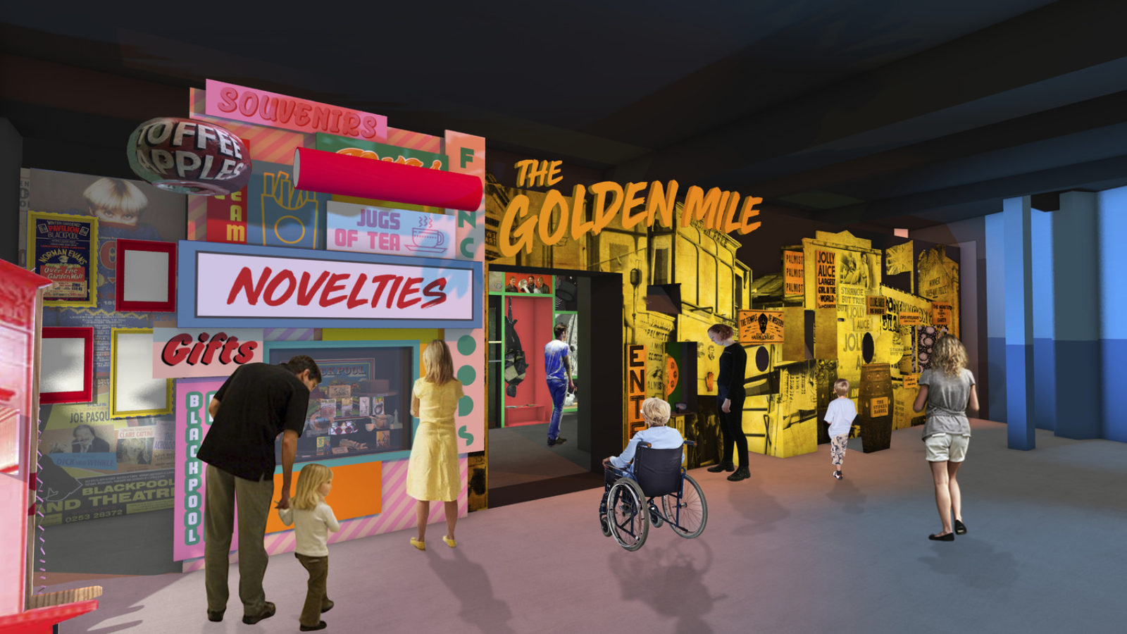 A visual of the Golden Mile Gallery with bright signs and a display case of collections