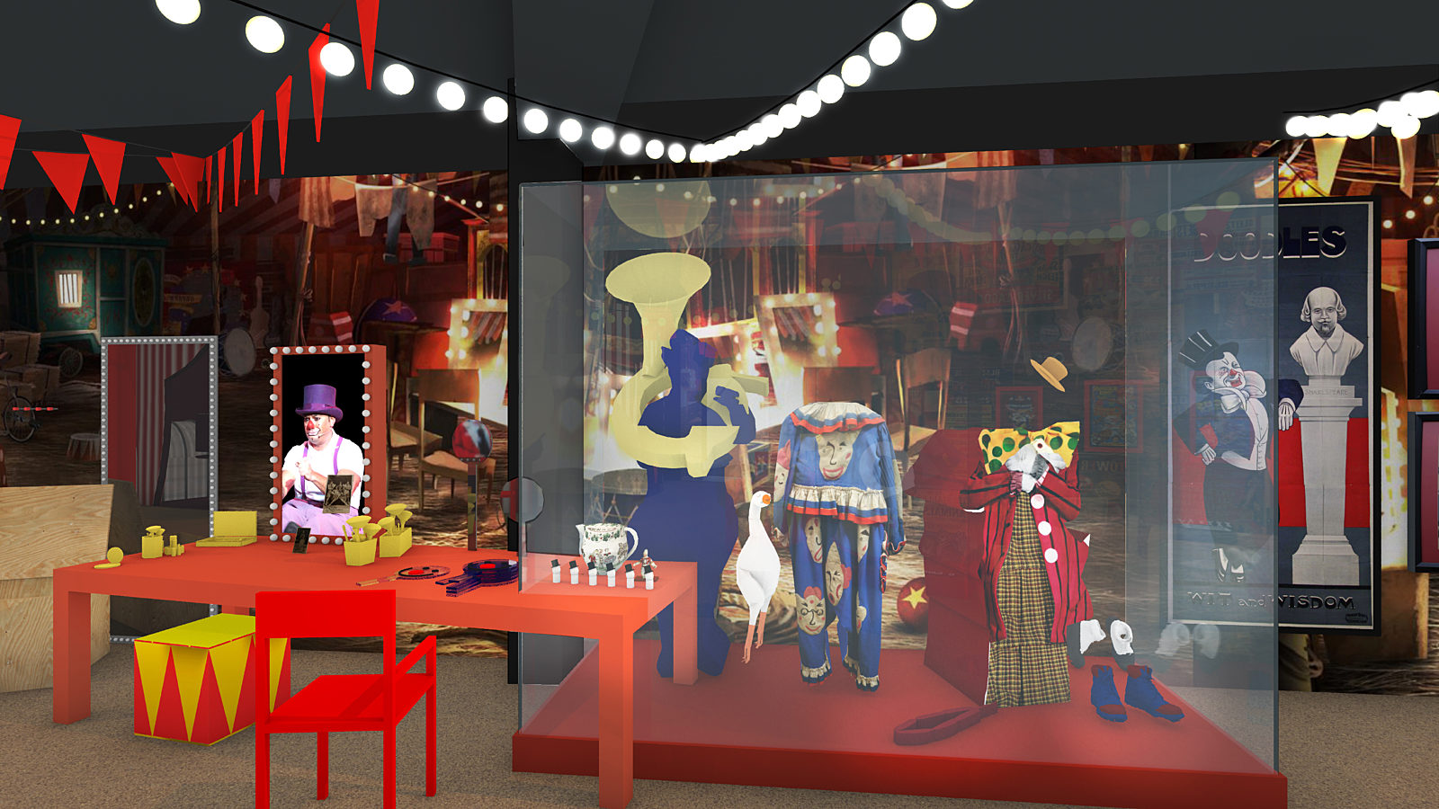 A visual showing the roll up, roll up gallery featuring a display case with costumes