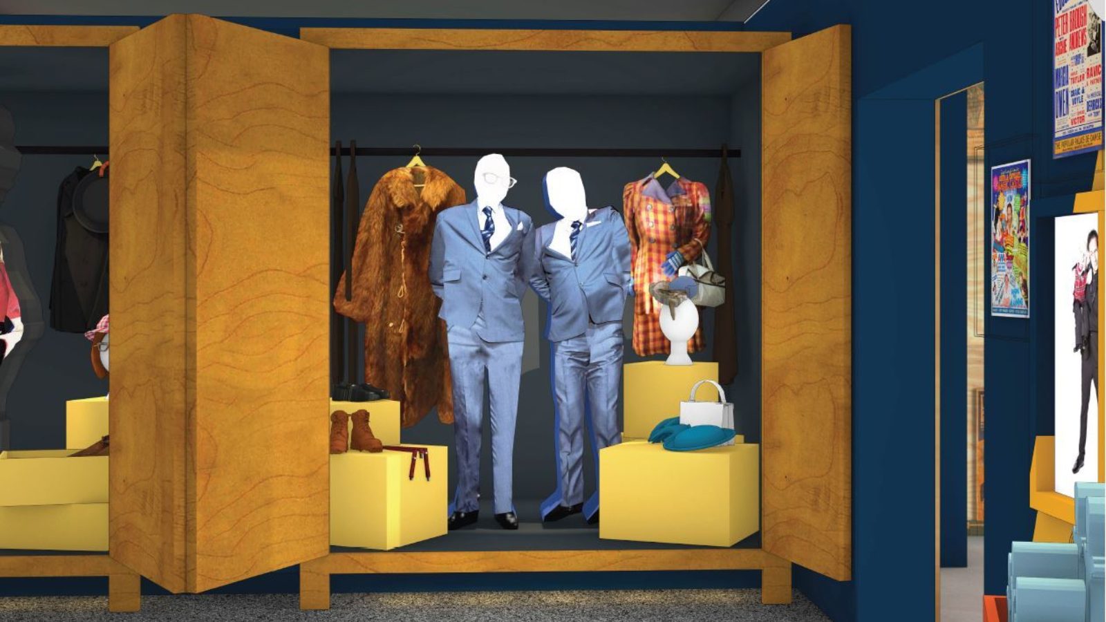 Artist impression of a wardrobe featuring Morecombe and Wise suits