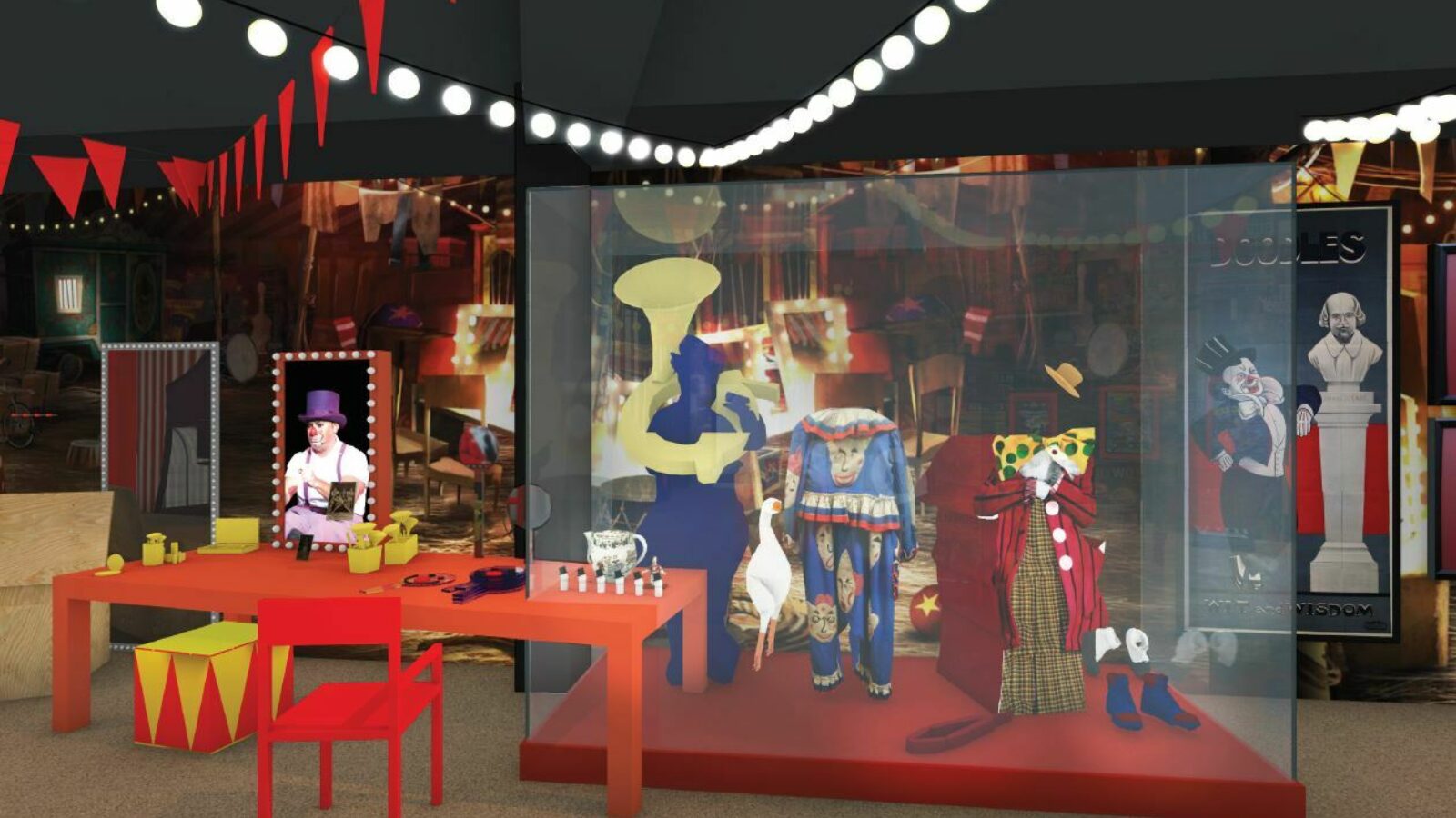 Image of the Roll Up Roll Up gallery showing circus costumes in display unit.