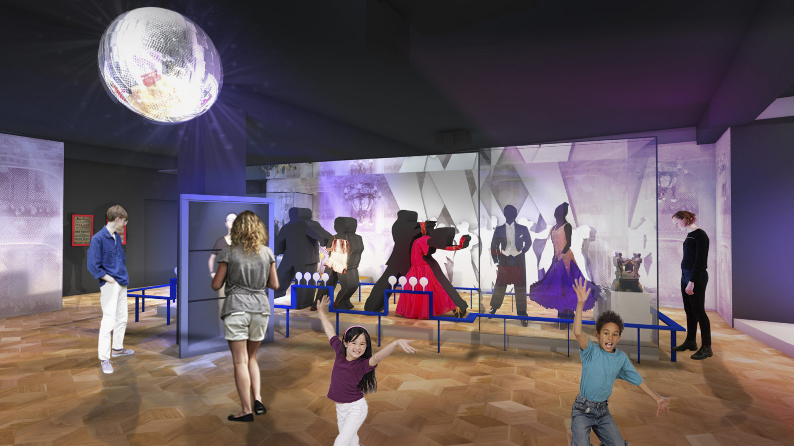 Visualisation of Showtown gallery showing cases with dresses and children dancing