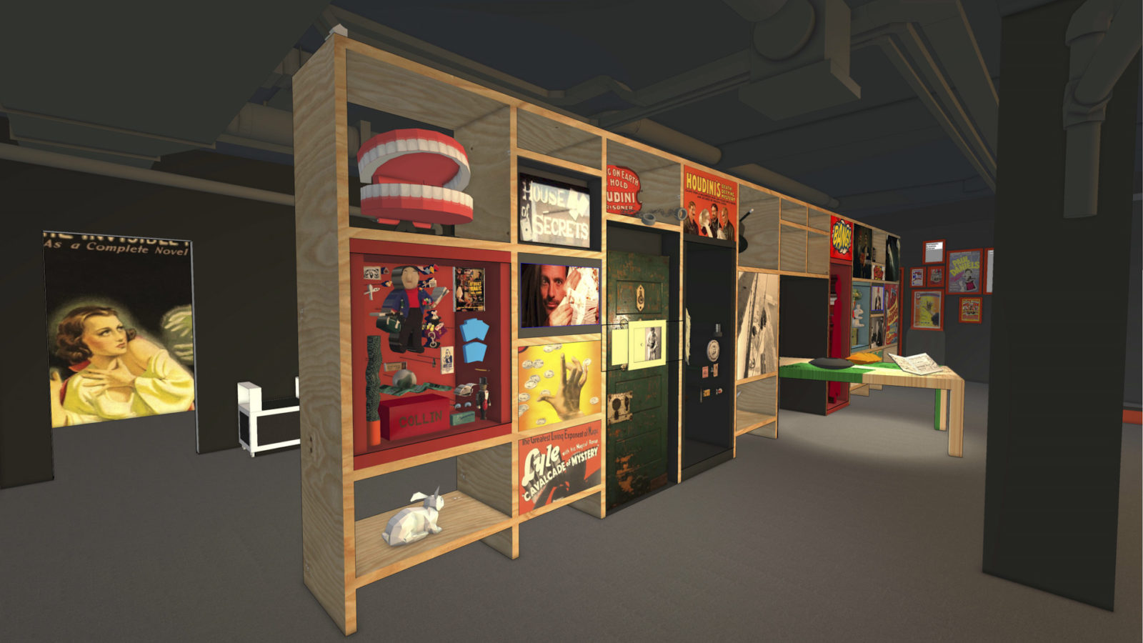 Visualisation of showtown gallery showing cases of magic props