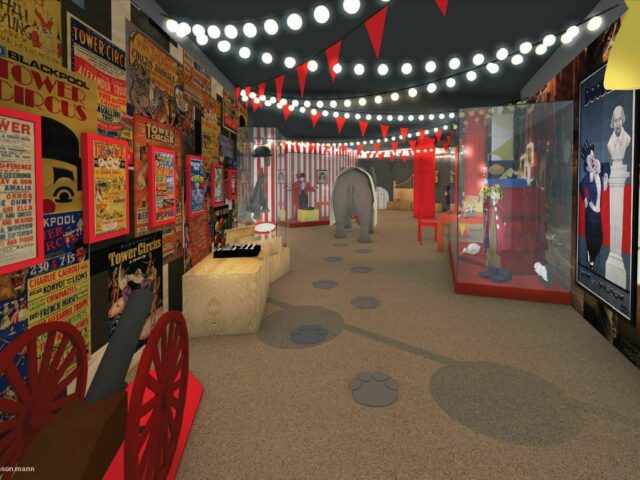Image of Roll Up Roll Up gallery with circus posters on the wall and elephant in the distance