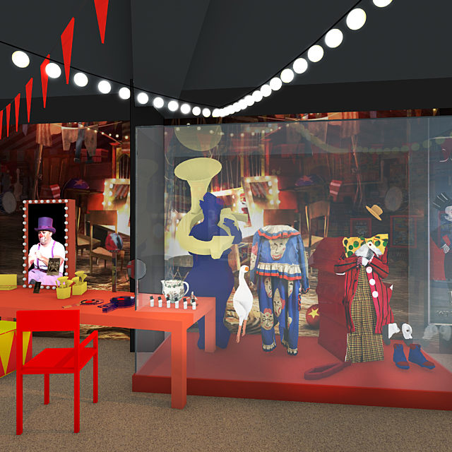 A visual showing the roll up, roll up gallery featuring a display case with costumes