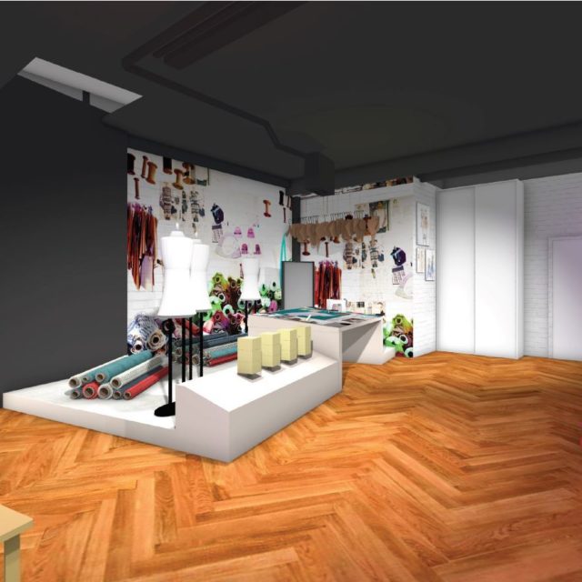 Artist impression of a section of the dance gallery.  Image shows a dress makers mannequin, with rolls of fabrics and designs around