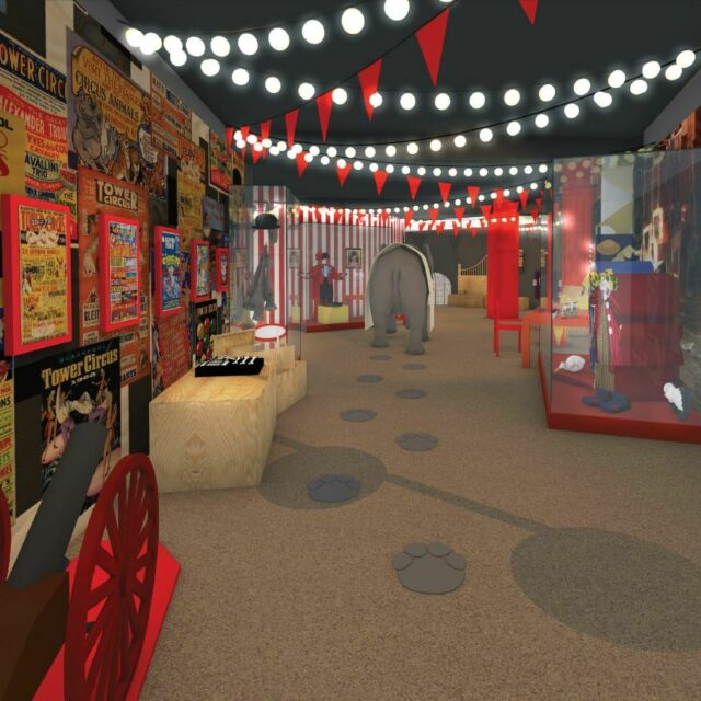 Image of Roll Up Roll Up gallery with circus posters on the wall and elephant in the distance