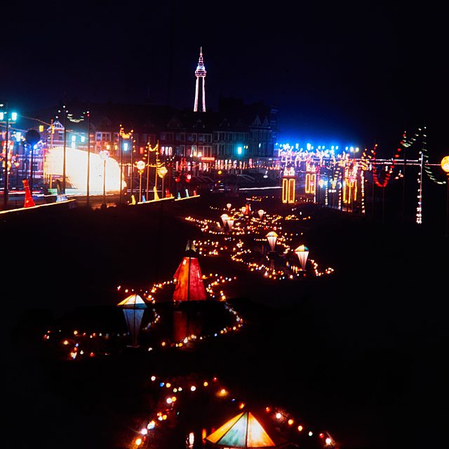 View of the illuminations lighting up the prom and the tower over Gynn Gardens
