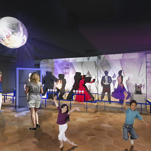 Visualisation of Showtown gallery showing cases with dresses and children dancing