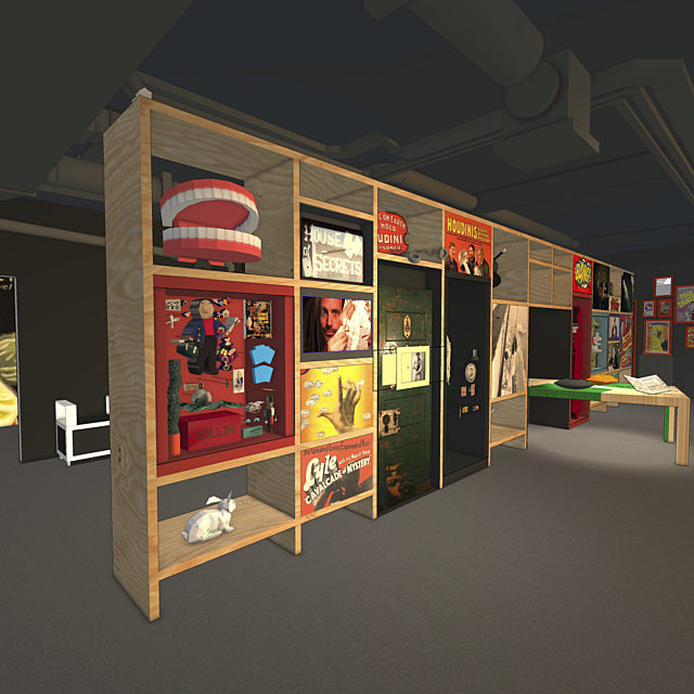 Visualisation of showtown gallery showing cases of magic props