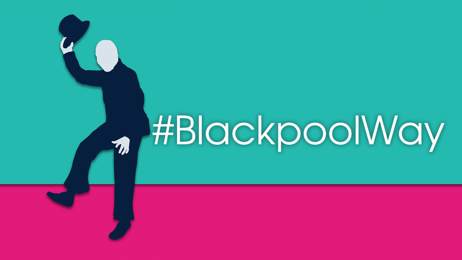 Digital image of male figure in a suit, holding hat in hand.  Text is #BlackpoolWay