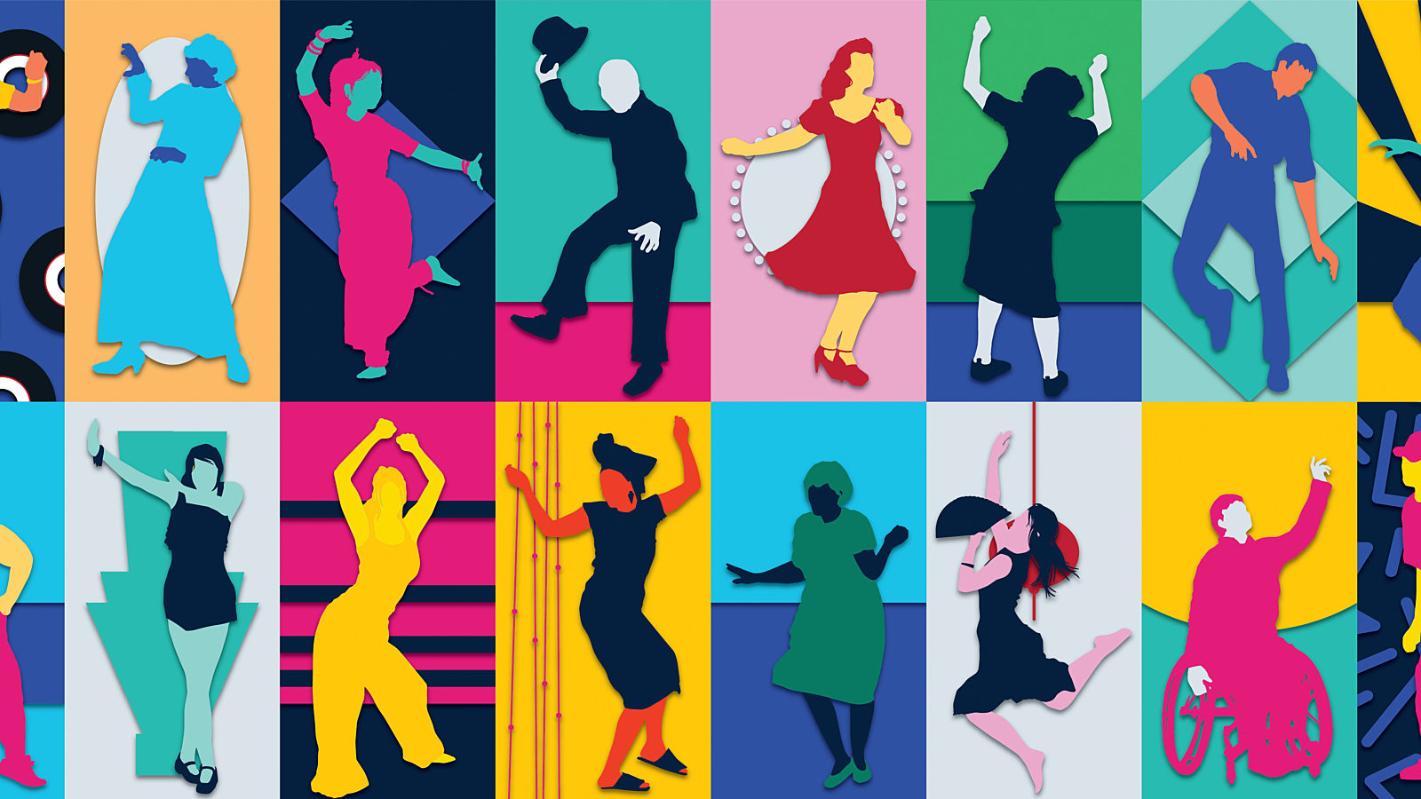 Colourful illustrations of dancing people, each doing a different move.