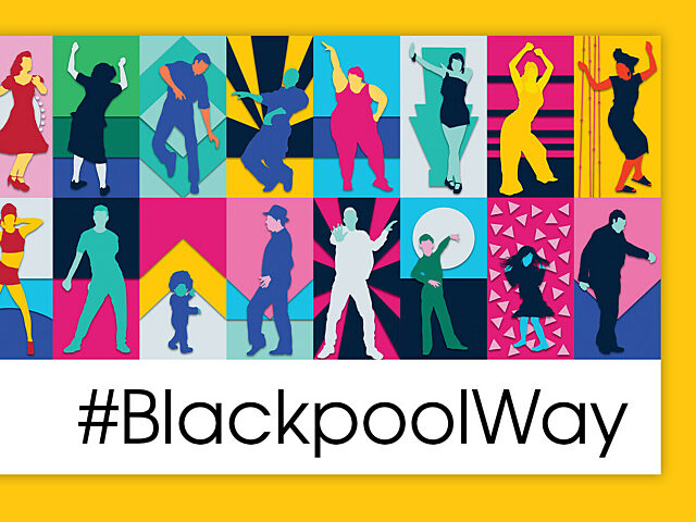 Digital image - collage of dancing figure.  Text is - #BlackpoolWay