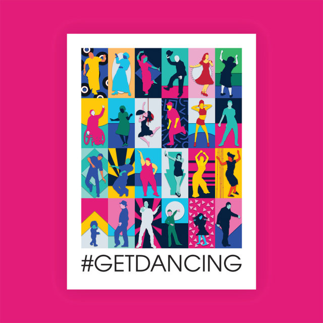 A colourful illustrations of people doing different dance moves, with words Hash tag Get dancing