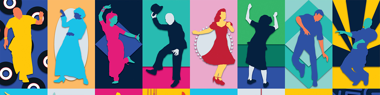 Colourful illustrations of dancing people, each doing a different move.