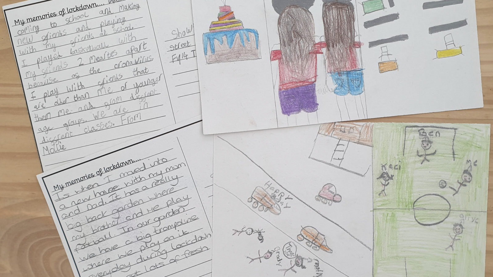 A group of post cards with children's writings and drawings.