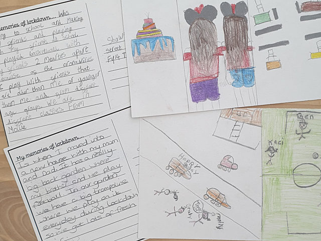 Photograph of post cards with children's drawings and writing