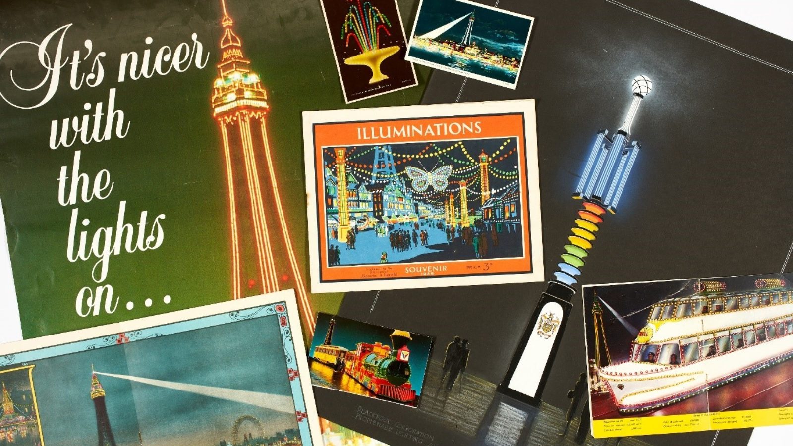 Illuminations posters and post cards including a poster of the illuminated blackpool tower